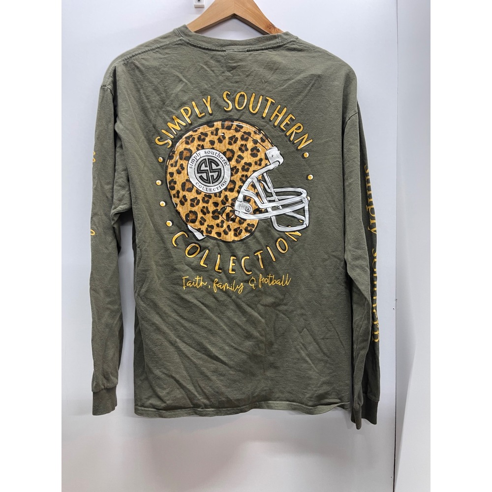 Simply Southern Womens Olive Green Football Leopard Helmet Long Sleeve Tee Large